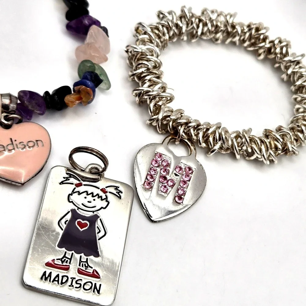 Personalized Name 'Madison' Charm Bracelet Set‎ Girl Silver Tone Gemstone Enamel